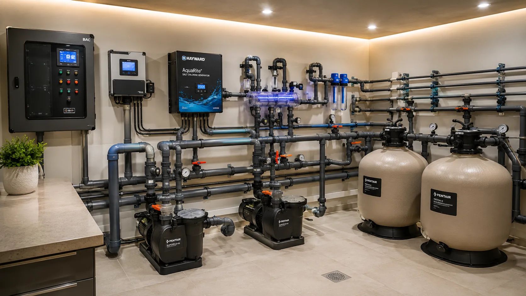 Un local technique de piscine propre, ordonné et entièrement contrôlé