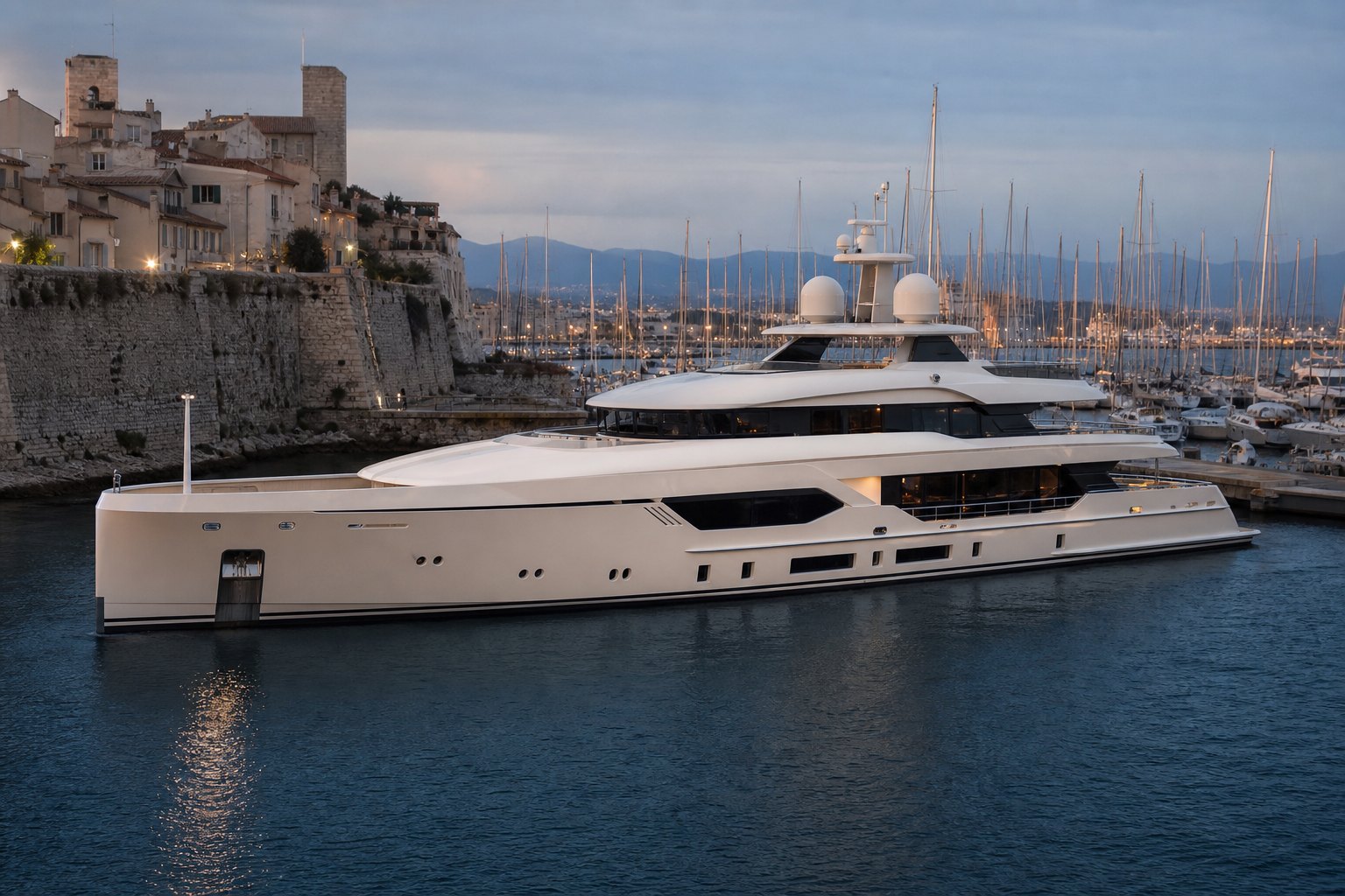 Un superyacht amarré à Port Vauban devant la vieille ville d'Antibes