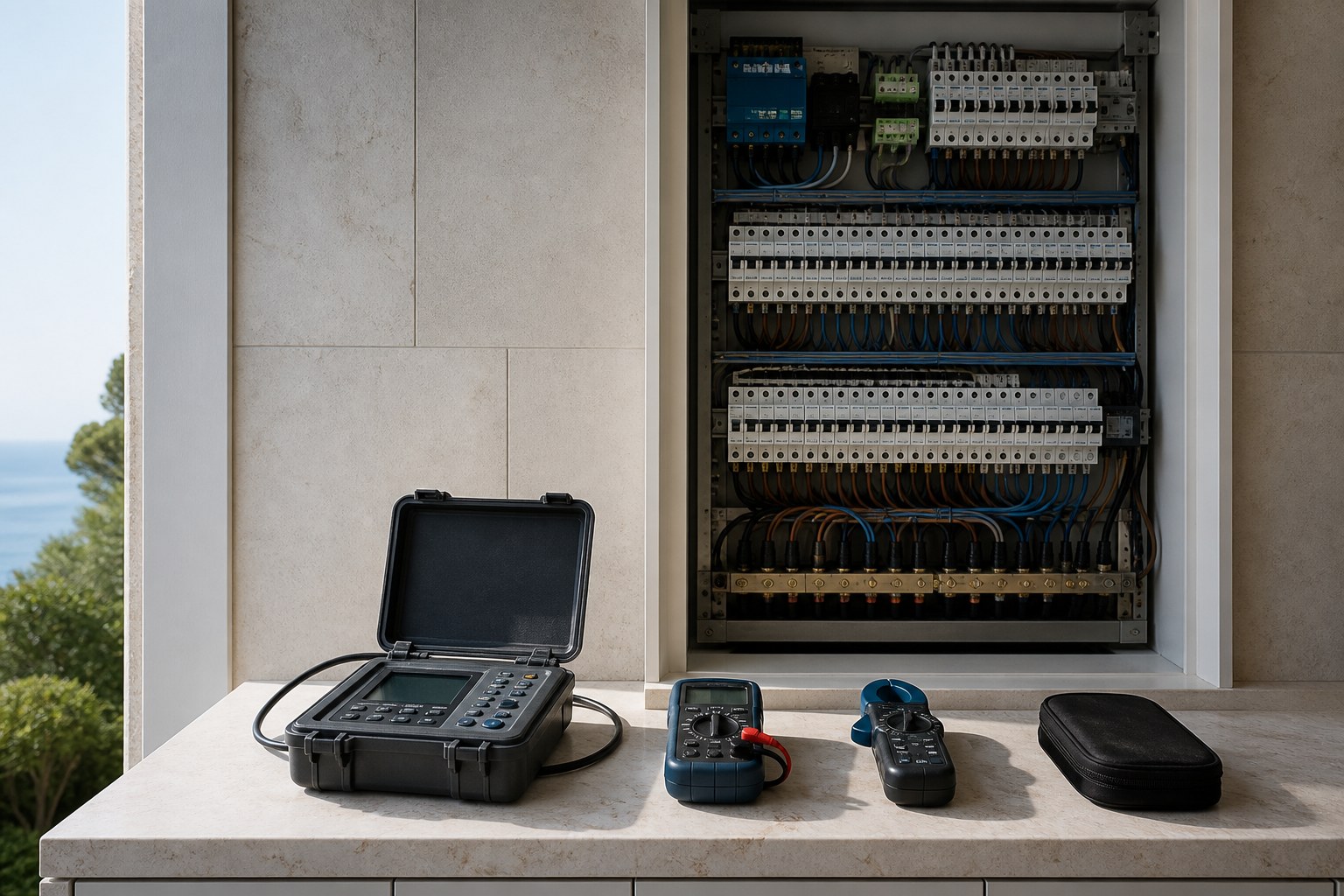 Des instruments de diagnostic devant un tableau électrique au Cap d'Antibes